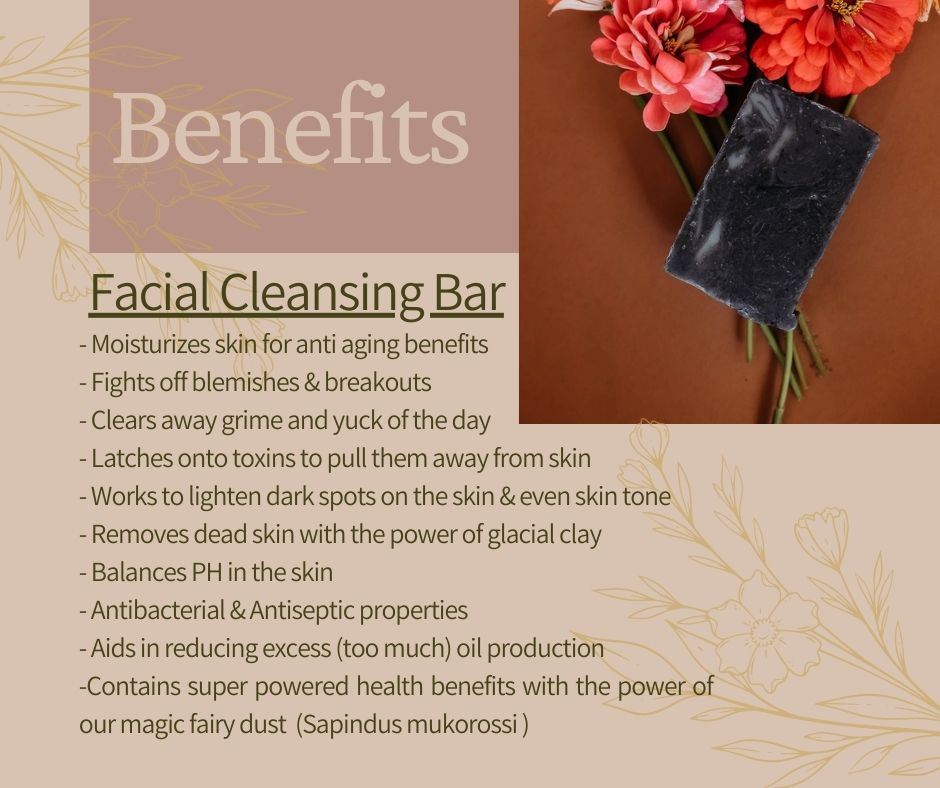 Naked Facial Cleansing bar by The Wildcrafted Essentials Benefits of Moisturizing skin for anti aging benefits, Fights off blemishes & breakouts, Clears away grime and yuck of the day, Latches onto toxins to pull them away from skin Works to lighten dark spots on the skin & even ,skin tone Removes dead skin with the power of glacial clay, Balances PH in the skin, Antibacterial & Antiseptic properties, Aids in reducing excess (too much) oil production,
