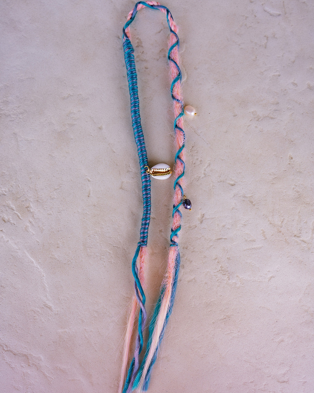 Light Pink straight accent wrap with coastal blue wrap fiber and shell and pearl charms
