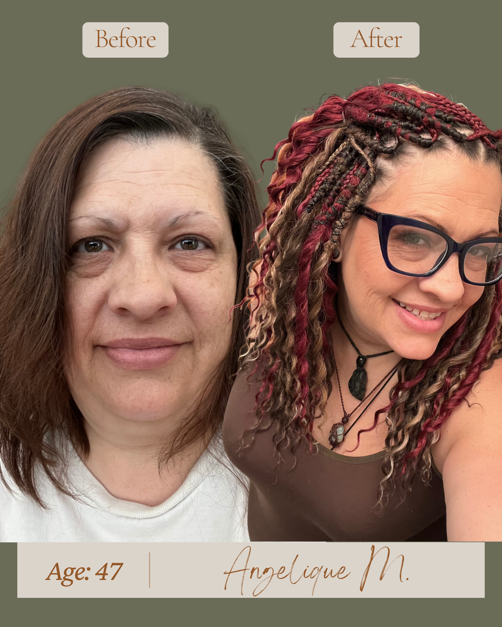 Before and after comparison of hair transformation with SHORTIES™ with Angelique M. Age 47