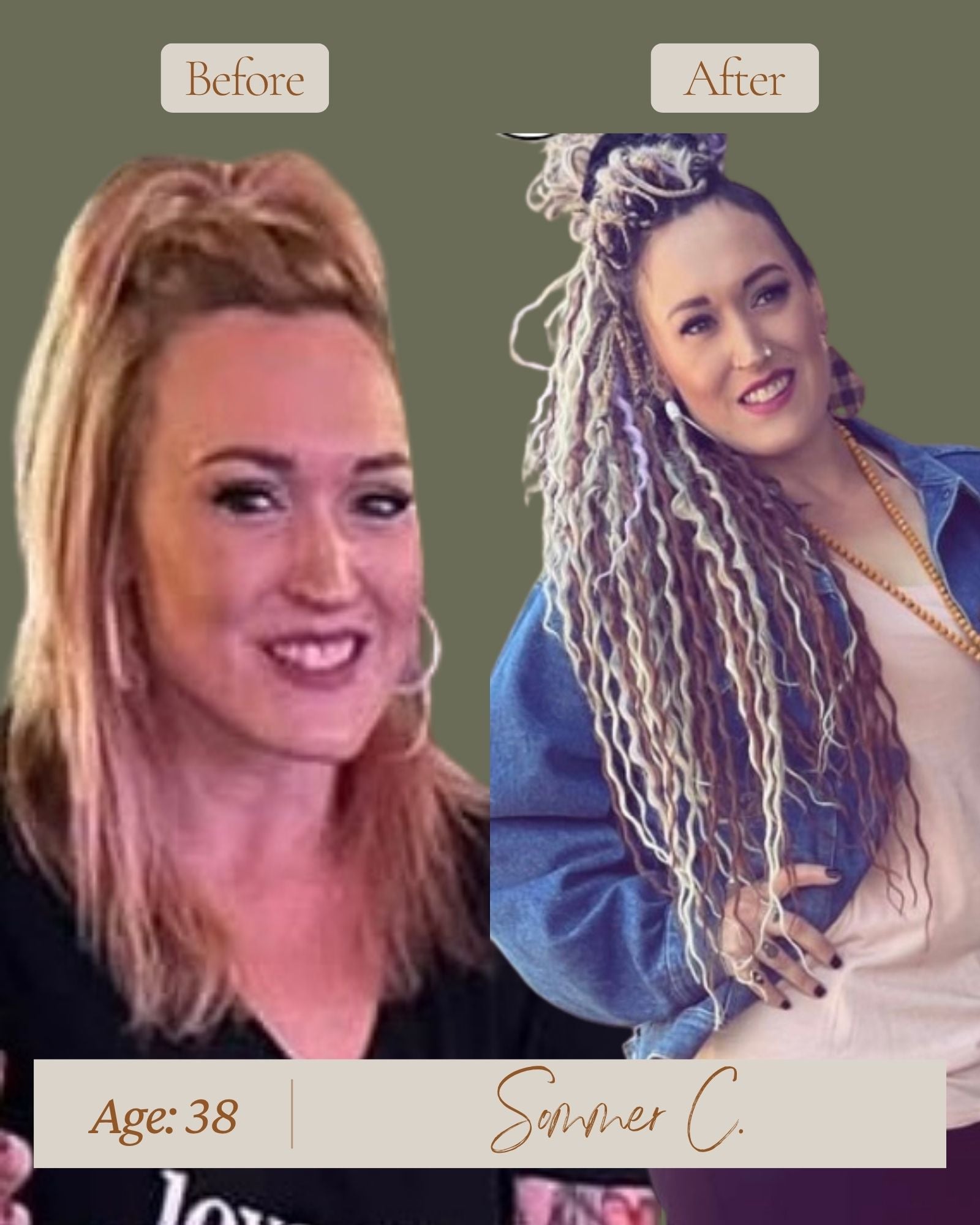 Before and after comparison of hair transformation with Venus Longs with Sommer C. Age 38