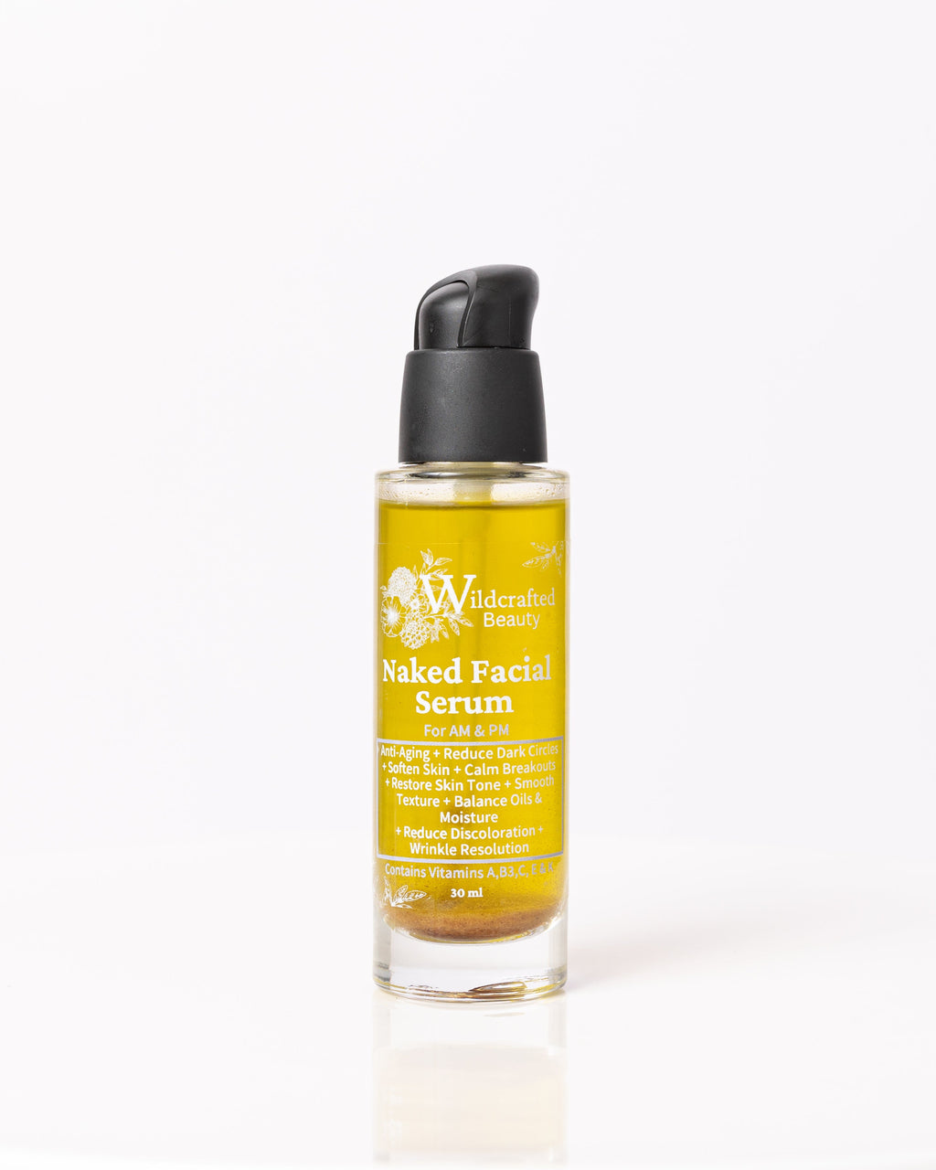 A clear glass bottle with a black pump dispenser containing yellow liquid, labeled as 'Naked Facial Serum'.