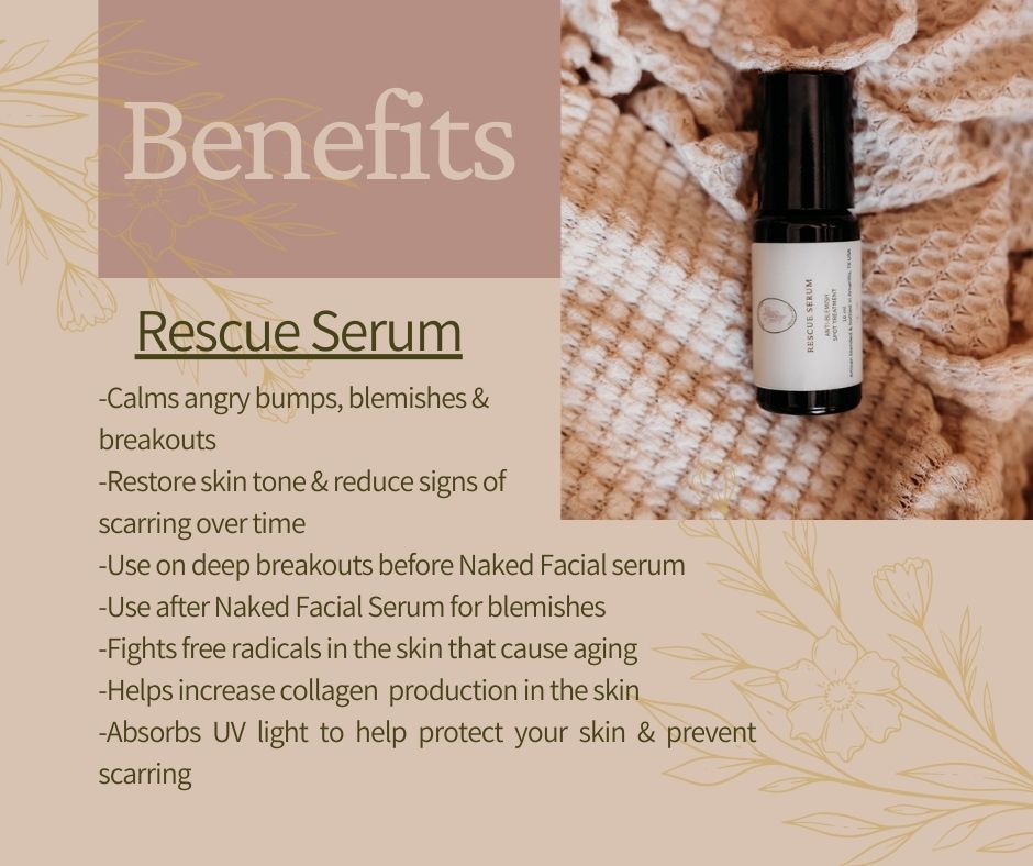 Rescue Serum From The Wildcrafted Essentials calms angry bumps, blemishes, and breakouts. Restores skin tone and reduces signs of scarring, use on deep breakouts before your naked facial serum, fights free radicals in the skin causing aging, helps increase collagen production, absorbs UV light to help protect against scarring